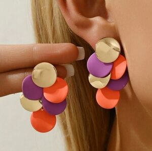 Colorful Disc Drop Earrings - Purple, Orange & Gold
